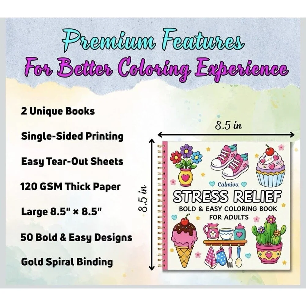 Set of 2 Bold & Easy Adult Coloring Books Entitled: Cozy Vibes & Stress Relief